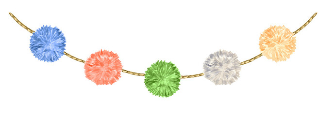 Cute, colorful garland with decorative holiday pom poms.  Blue, red, green, grey-beige and yellow hairy balls pompons. Hand drawn watercolor illustration isolated on transparent.