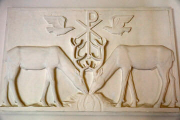 Orval trappist abbey, Belgium. Peace symbol relief