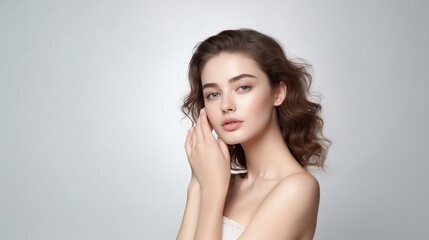 Medium shot of Beautiful European model with clean fresh skin hand touch her face, isolate on white background, Face care, Facial treatment, Cosmetology - Generative AI