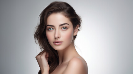 Medium shot of Beautiful European model with clean fresh skin hand touch her face, isolate on white background, Face care, Facial treatment, Cosmetology - Generative AI