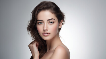 Naklejka premium Medium shot of Beautiful European model with clean fresh skin hand touch her face, isolate on white background, Face care, Facial treatment, Cosmetology - Generative AI