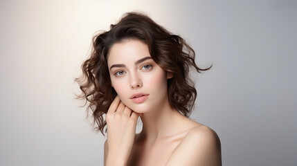 Naklejka premium medium shot of Beautiful French model with clean fresh skin hand touch her face, isolate on white background, Face care, Facial treatment, Cosmetology - Generative AI