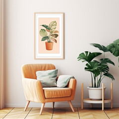 A wall with framed artwork, and interior design with arranged comfortable chairs. - Generative AI