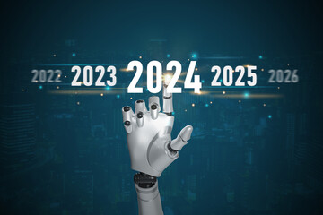Happy New Year 2024 Robot hand touch on a virtual screen 2024. AI and innovation future growth year...