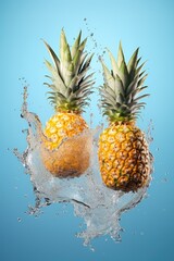 Sweet pineapples with splashes fly in the air on blue pastel background