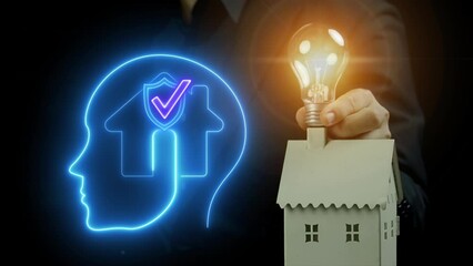 Businessman holding a shining lightbulb on a little home model. Beside have neon home icon in illustration human head. Line art and icon concept about home such as home insurance or property planning.