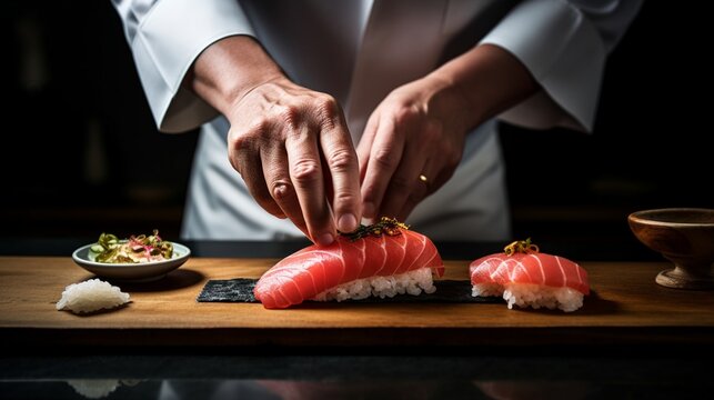 an image of a sushi chef carefully placing a slice of tuna on a nigiri