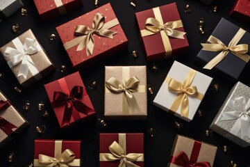 Many gift boxes with bows on dark table. Top view, flat lay.