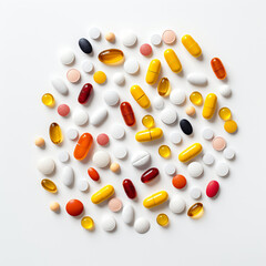 Various types of colorful pills on a white background. Top view. - Generative AI