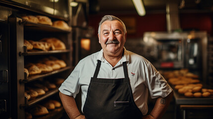 Fototapeta premium Portrait of senior baker standing by oven at bakery - Generative AI