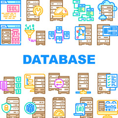 database administrator computer, icons set vector. system technology, laptop internet, data cloud, server business, network, service database administrator computer, color line illustrations