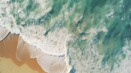 Top-down aerial view of waves breaking on the coastline during a strong wind day - obrazy, fototapety, plakaty