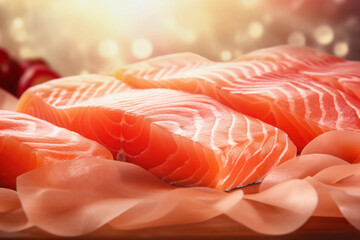 Fresh salmon or trout fish fillet on ice, ready for cooking. Storing fresh chilled fish. Close-up.