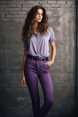 Fototapeta premium Beautiful woman wearing a complete purple color outfit full body view , purple clothing fashion trend concept image