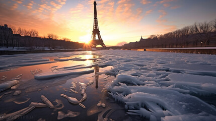 A breathtaking view of the Eiffel Tower, completely encased in a thick layer of ice - Generative AI - obrazy, fototapety, plakaty