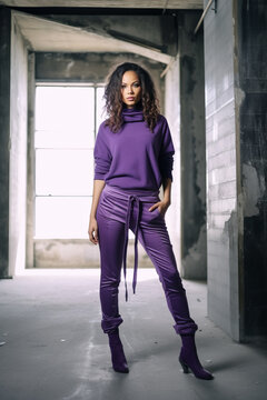 Beautiful woman wearing a complete purple color outfit full body view , purple clothing fashion trend concept image