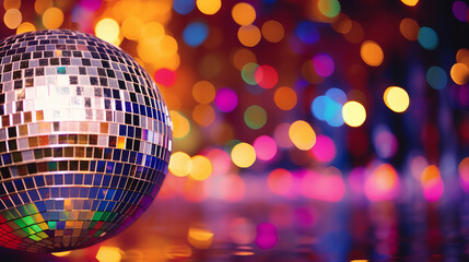 Disco ball sphere with colorful disco lights for party nights , wallpaper background with copy space