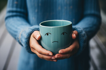 Hands holding a blue coffee cup with unhappy face for Blue Monday concept image