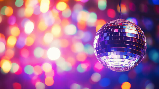 Disco ball sphere with colorful disco lights for party nights , wallpaper background with copy space