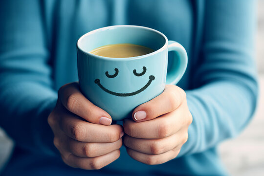 Hands holding a blue coffee cup with happy face to counter Blue Monday concept image
