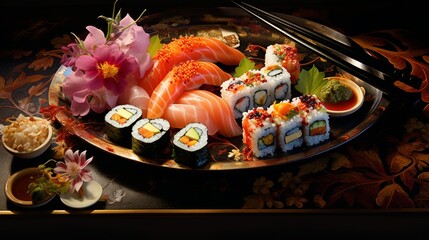 an image of a sushi platter with artistic arrangements of sushi and sashim
