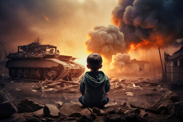 Violent explosion against the backdrop of the house. A child looks at the tank that destroyed his house. Fire and smoke. War. Third World War. Attack on a peaceful city.