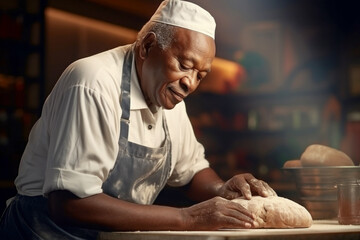 An elderly dark-skinned male baker prepares bread dough in the kitchen. Kneads dough for baking. Homemade bread production. Fresh bakery. Private production.