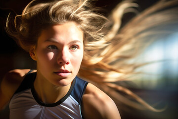 A woman with long hair close-up. A woman's hair flutters in the wind as she runs. Active lifestyle.