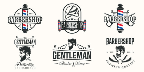 set of barbershop logo line art vector illustration concept template icon design, collection of barber haircut style with badge and symbol concept vector illustration logo design - obrazy, fototapety, plakaty