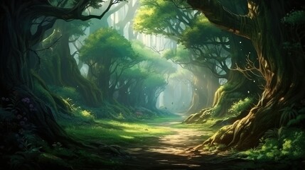An enchanting elven forest shrouded in mystic fog - 682717163