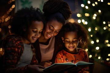 Discover the warmth of family love and Christmas cheer with this enchanting portrait of a mother and daughters lost in a magical tale. - obrazy, fototapety, plakaty