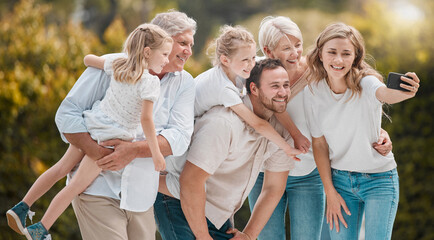 Selfie of big family in park together with smile, grandparents and parents with kids in backyard. Photography, happiness and men, women and children in garden with love, support and outdoor bonding.