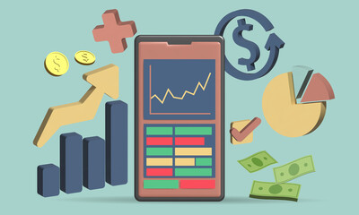 3D Mobile phone, Set trade finance money cash trading.  growth graph, stock broker, 3D illustration.