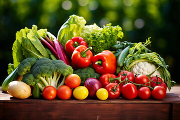 Assorted fresh vegetables on wooden table outdoors
