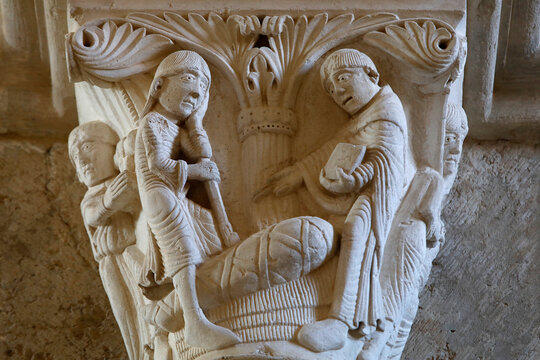 Saint Mary Magdalene basilica, Vezelay, France. Capital depicting St Benedict resurrecting a child