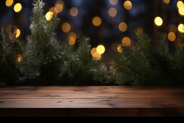 Wooden table with blurred lights and greenery in the background, ideal for product display.