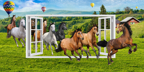 Nine auspicious horses galloped in running 3d the windows landscape and blue sky.