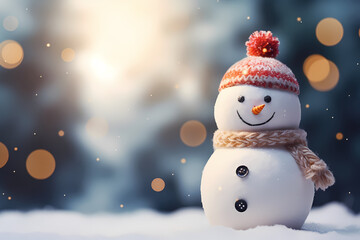 Fototapeta premium Cute little snowman in knitted hat and scarf standing outside on a winters day Happy Snowman as a symbol of Christmas and New Year holidays in the beautiful light of sunset or dawn 