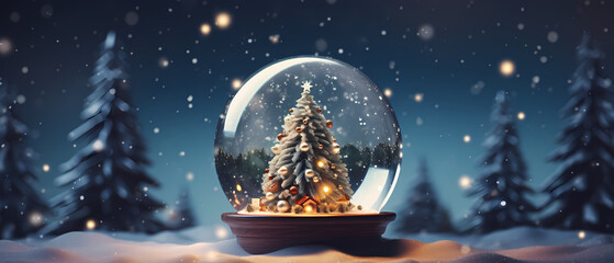 Shiny Christmas Tree Inside A Snow Globe Space For Text. Сoncept Winter Wonderland, Festive Decorations, Magical Holiday Atmosphere, Festive Season Joy, Sparkling Christmas Tre