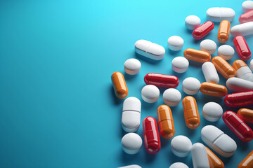 Various types of colorful pills on a blue background. - Generative AI