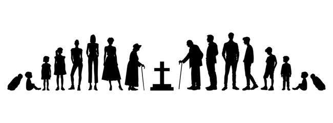 Vector illustration. Silhouette of growing up man from baby to old age. Many people of different ages in a row.