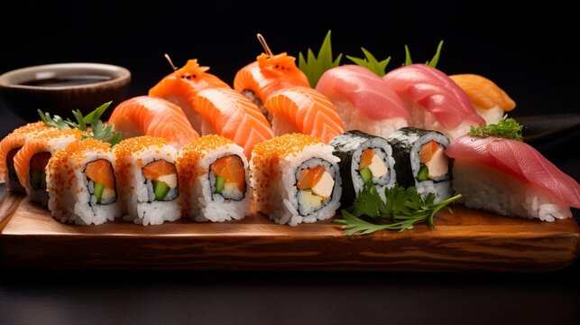 an image of a sushi platter featuring specialty rolls with unique ingredients