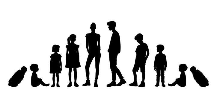 Vector illustration. Silhouette of growing up man from baby to old age. Many people of different ages in a row.