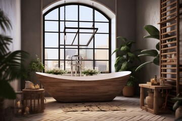 Fototapeta na wymiar sleek beige boho design, Scandinavian bathroom with natural lighting, vanity, and freestanding tub.