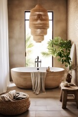 stylish Interior Of Light Bathing Room With Rustic Decorations In Boho Style, Cozy Spacious Bathroom With Natural Green Plants