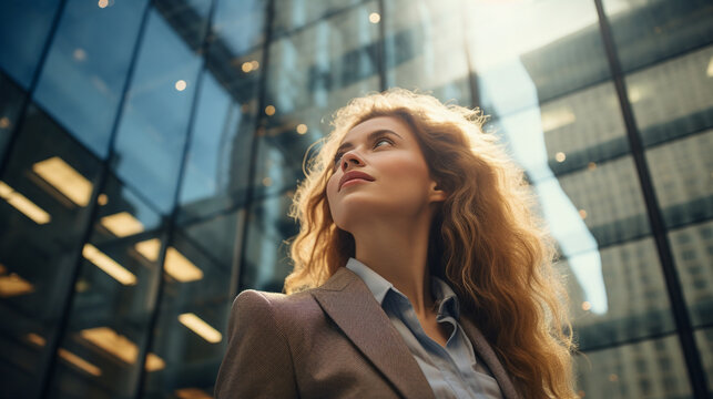 Woman looking up at office buildings - Generative AI