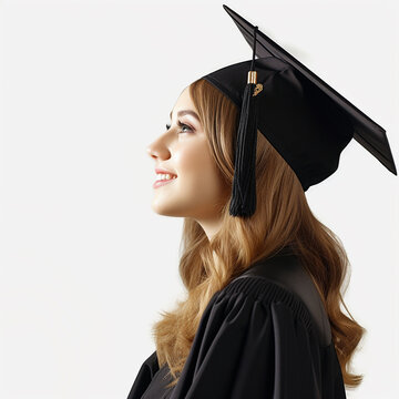 A close-up photo of the side profile of a woman wearing a graduation gown and graduation cap. White background. - Generative AI