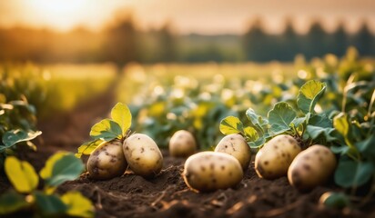 AI generated illustration of a scenic view of a field filled with rows of potatoes in the foreground - obrazy, fototapety, plakaty