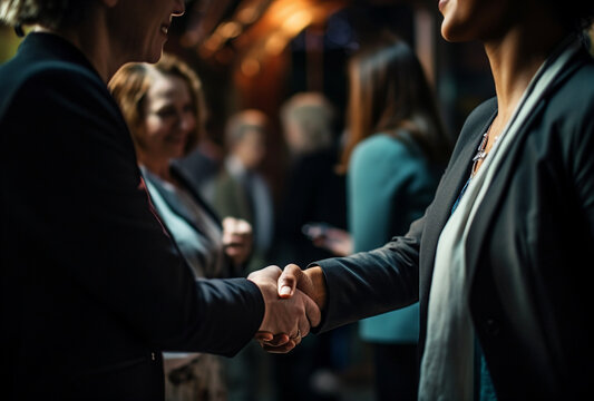 Two female entrepreneurs shaking hands against the bustling background of a crowded event venue. Close up. - Generative AI