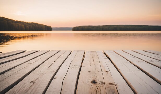 AI generated illustration of a wooden dock extending out into a serene lake © Wirestock